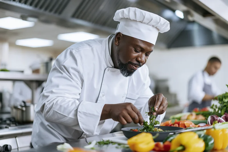 Black male chef plating a dish with fresh herbs and vegetables in a professional kitchen