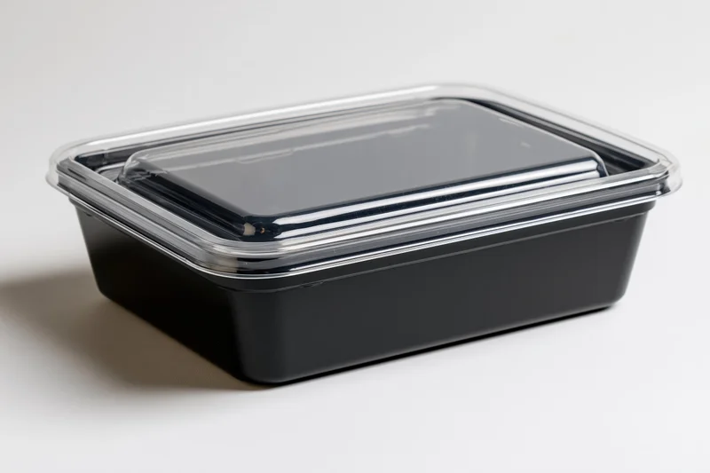 Black plastic rectangular food container with clear snap-on lid on white background