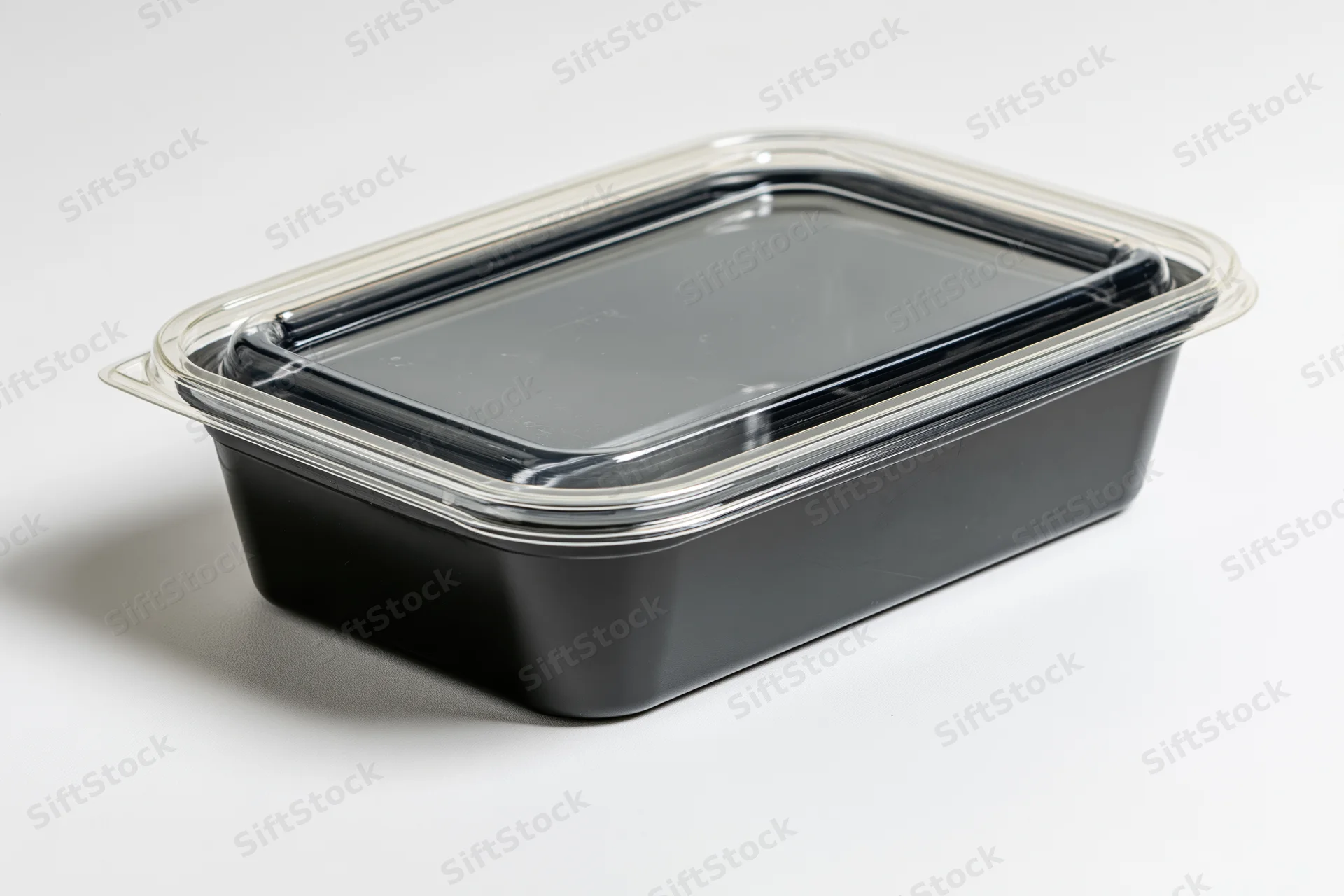 Black rectangular plastic food container with clear snap-on lid on white background