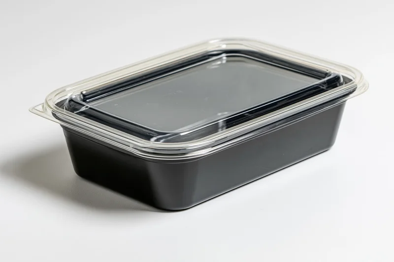 Black rectangular plastic food container with clear snap-on lid on white background