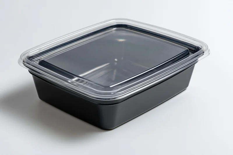 Black plastic rectangular food container with clear snap-on lid on white background