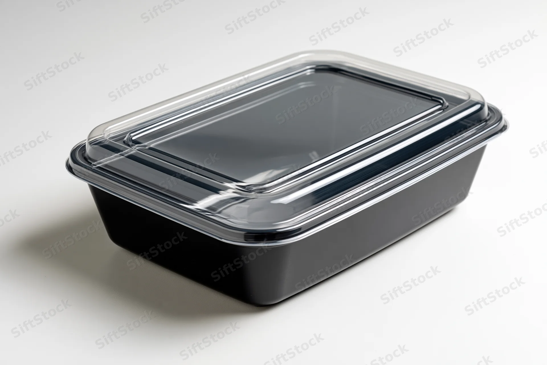 Black plastic rectangular food container with clear snap-on lid on white background