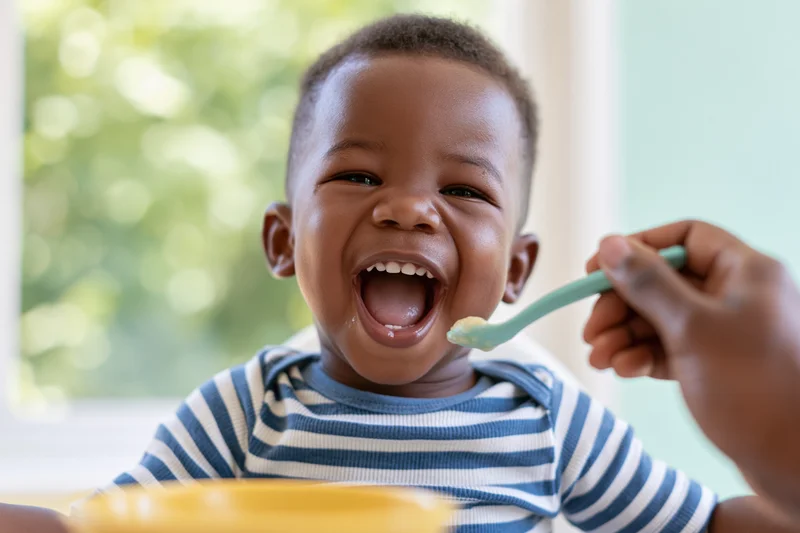 Black toddler boy laughing with open mouth as he is fed puree with a spoon indoors