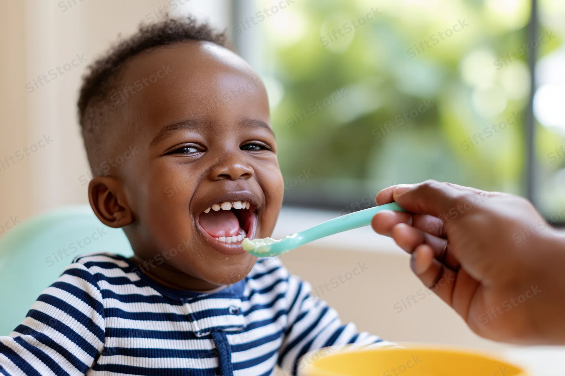 Black toddler boy laughing with open mouth as he is fed puree with a spoon at home