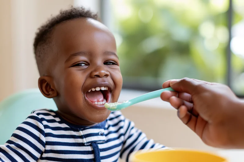 Black toddler boy laughing with open mouth as he is fed puree with a spoon at home