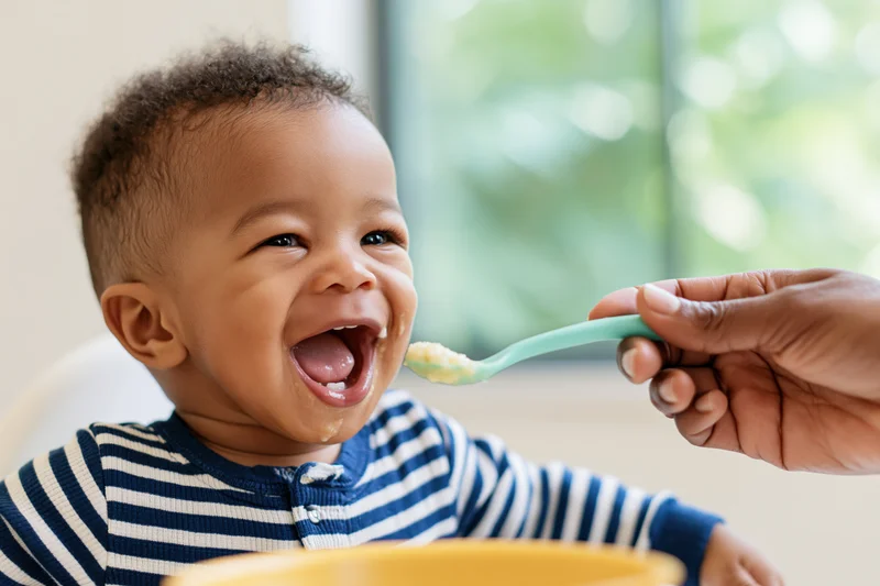 Baby laughing with open mouth as caregiver feeds him with spoon at home