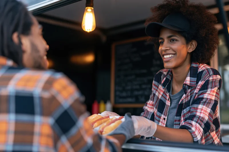 Woman serving hotdogs from a food truck to a customer