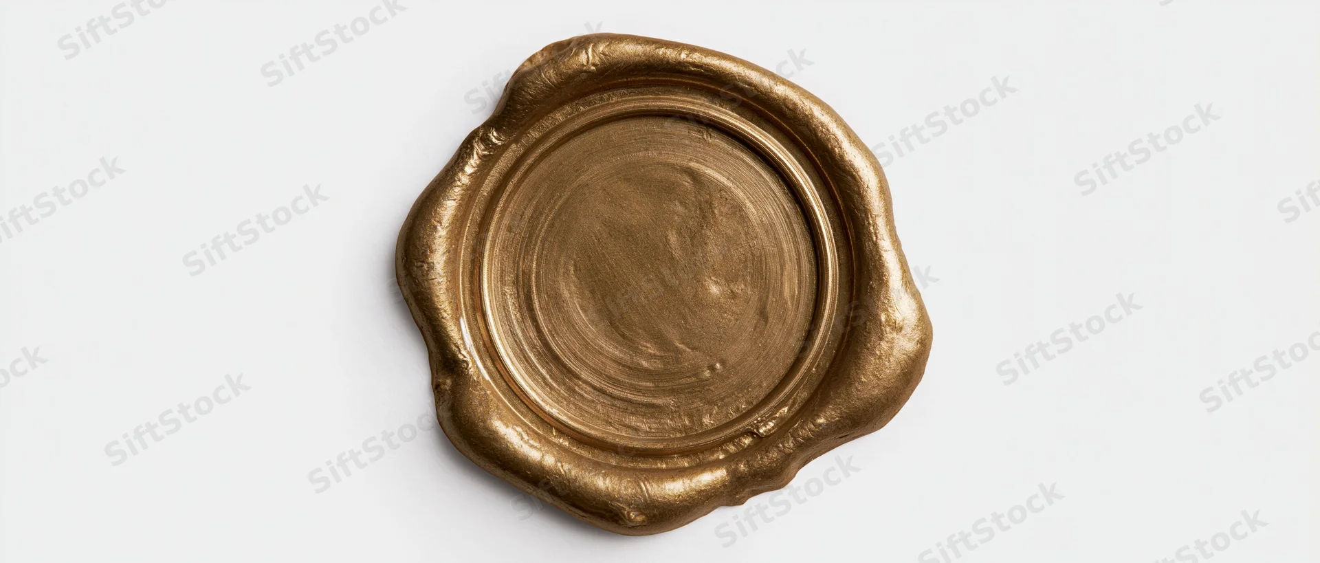 Gold wax seal with irregular melted edges on white background