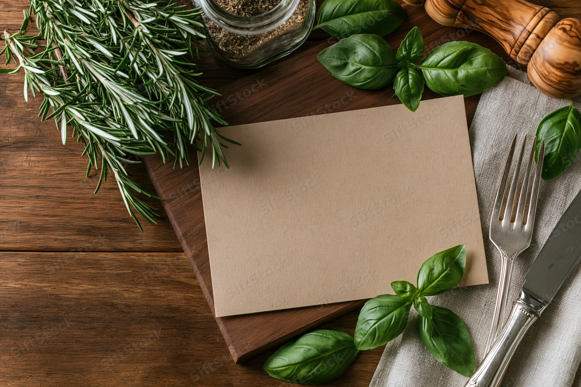 Blank kraft paper card centered on dark walnut wooden table with herbs, silverware and spice jar