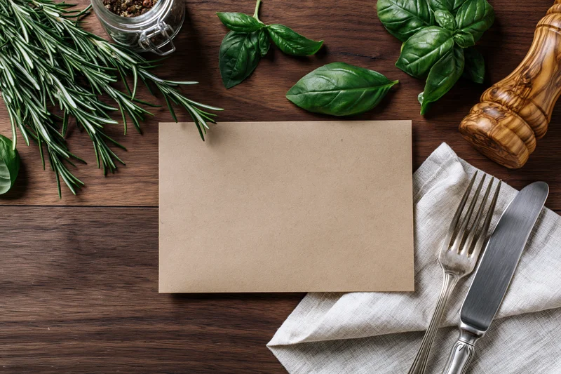 Blank kraft paper card centered on dark walnut wooden table surrounded by herbs, cutlery and spice jar