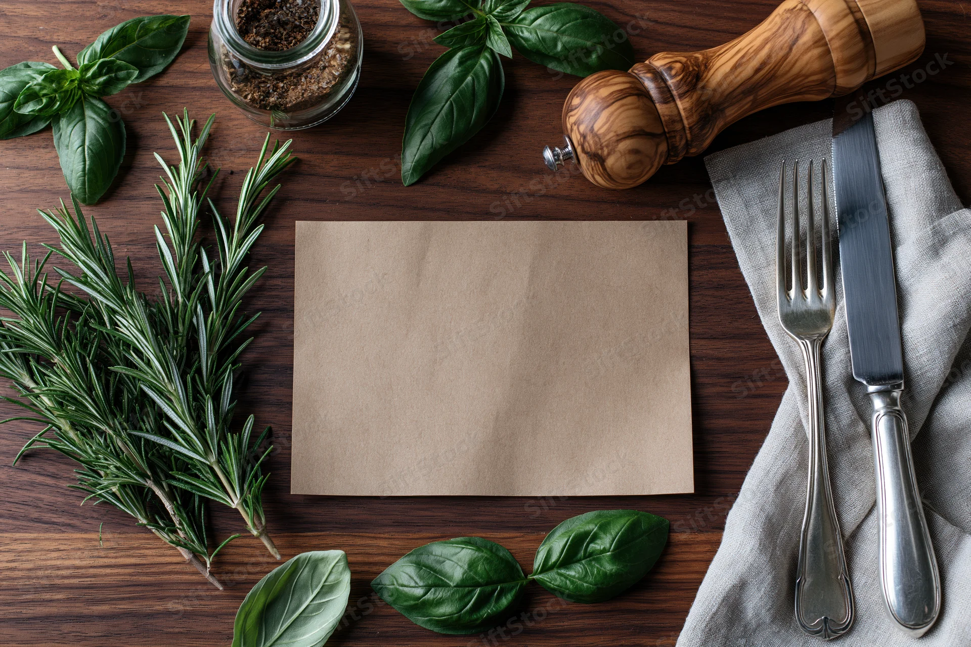 Blank kraft paper card centered on dark walnut wooden table surrounded by herbs, cutlery and spice jar