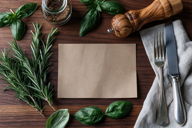 Blank kraft paper card centered on dark walnut wooden table surrounded by herbs, cutlery and spice jar