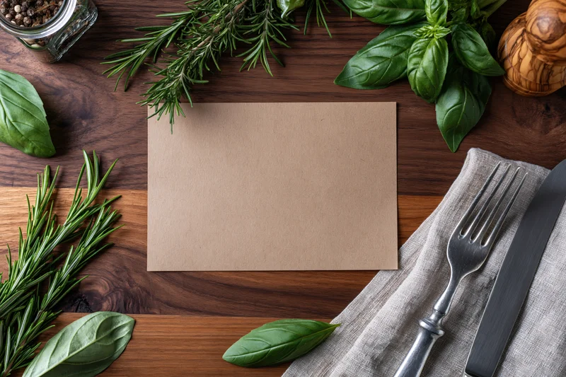 Blank kraft paper card centered on dark walnut wooden table surrounded by fresh herbs and cutlery