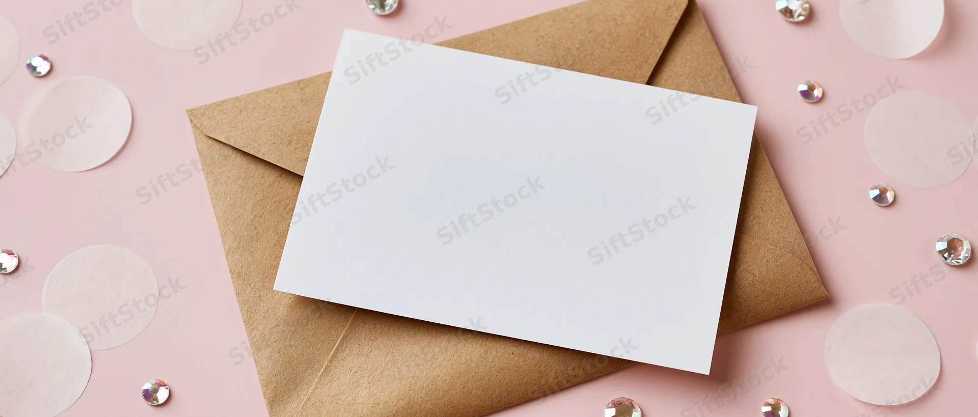 Blank white greeting card on kraft envelope with rhinestones and confetti on pink surface