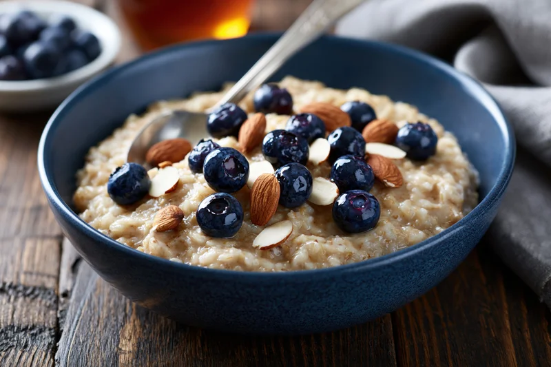 Blue ceramic bowl of oatmeal porridge topped with blueberries and almonds on wooden table