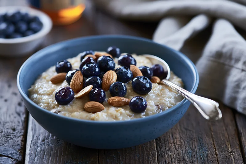 Blue ceramic bowl of oatmeal porridge topped with blueberries and almonds on wooden table