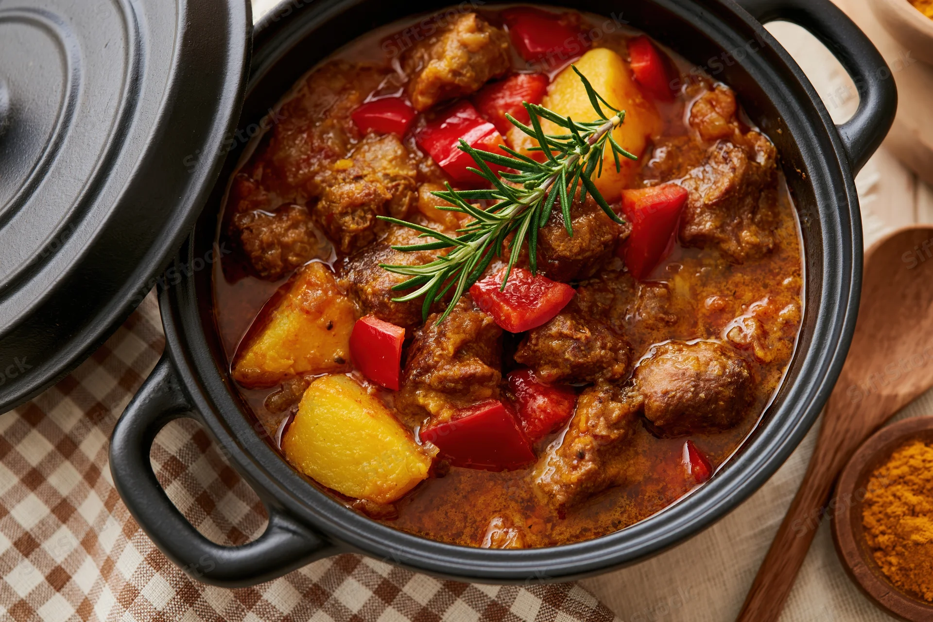 Braised beef and potato stew with rosemary garnish in a black cast iron pot on a checkered tablecloth