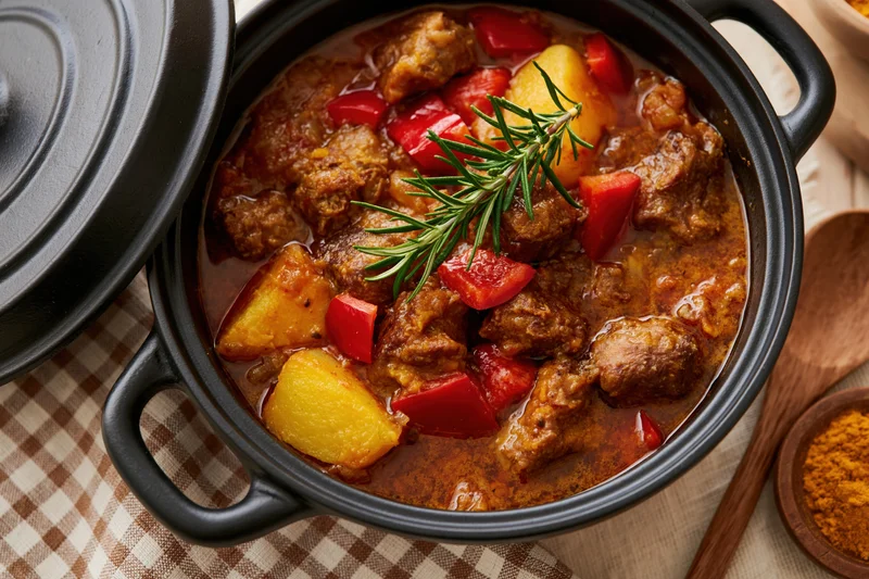 Braised beef and potato stew with rosemary garnish in a black cast iron pot on a checkered tablecloth