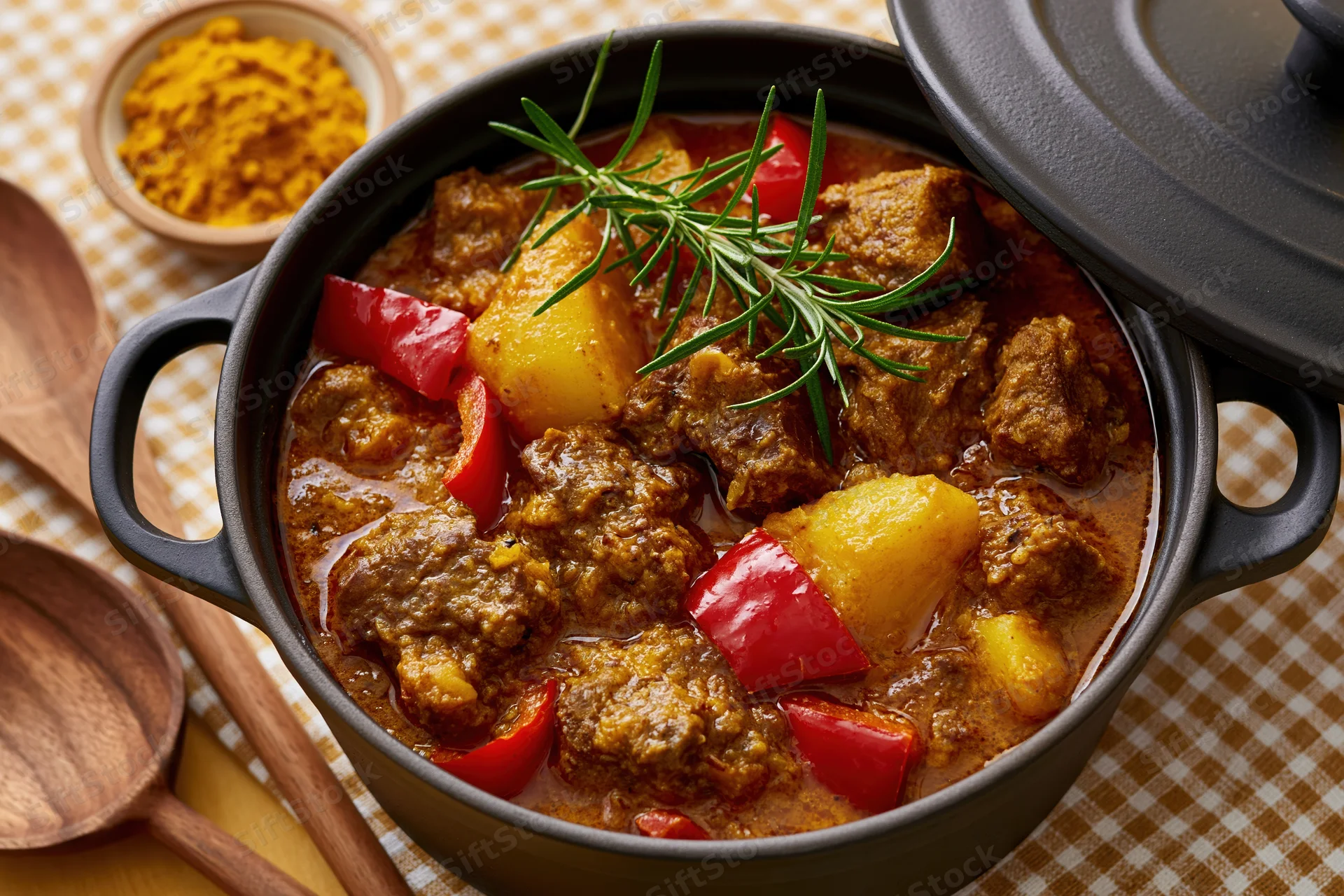 Braised meat and potato stew with rosemary and red pepper in a black cast iron pot on a checkered tablecloth
