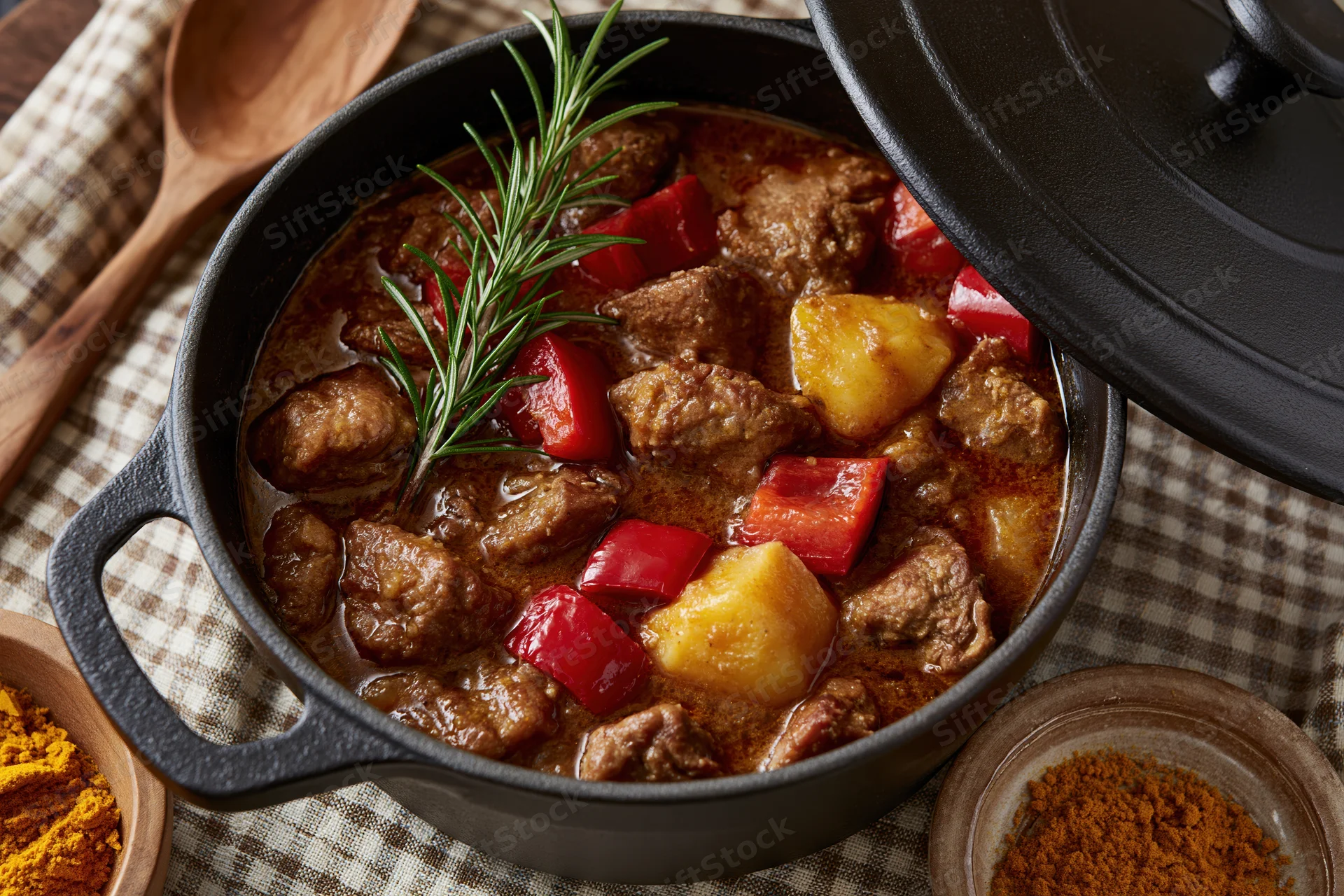 Braised beef and potato stew with tomatoes and rosemary in a black cast iron pot on a checkered cloth