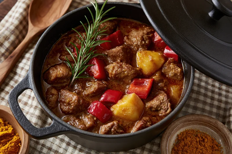 Braised beef and potato stew with tomatoes and rosemary in a black cast iron pot on a checkered cloth