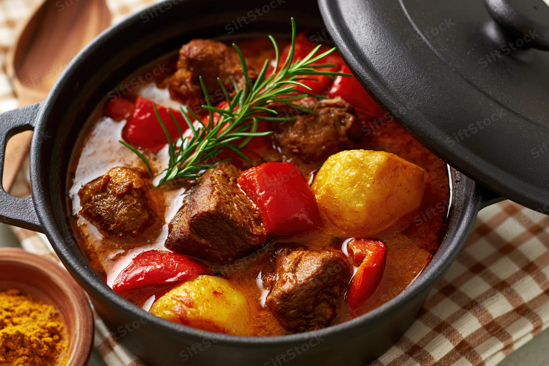 Braised beef and potato stew with tomatoes and rosemary in a black cast iron pot on a checkered cloth