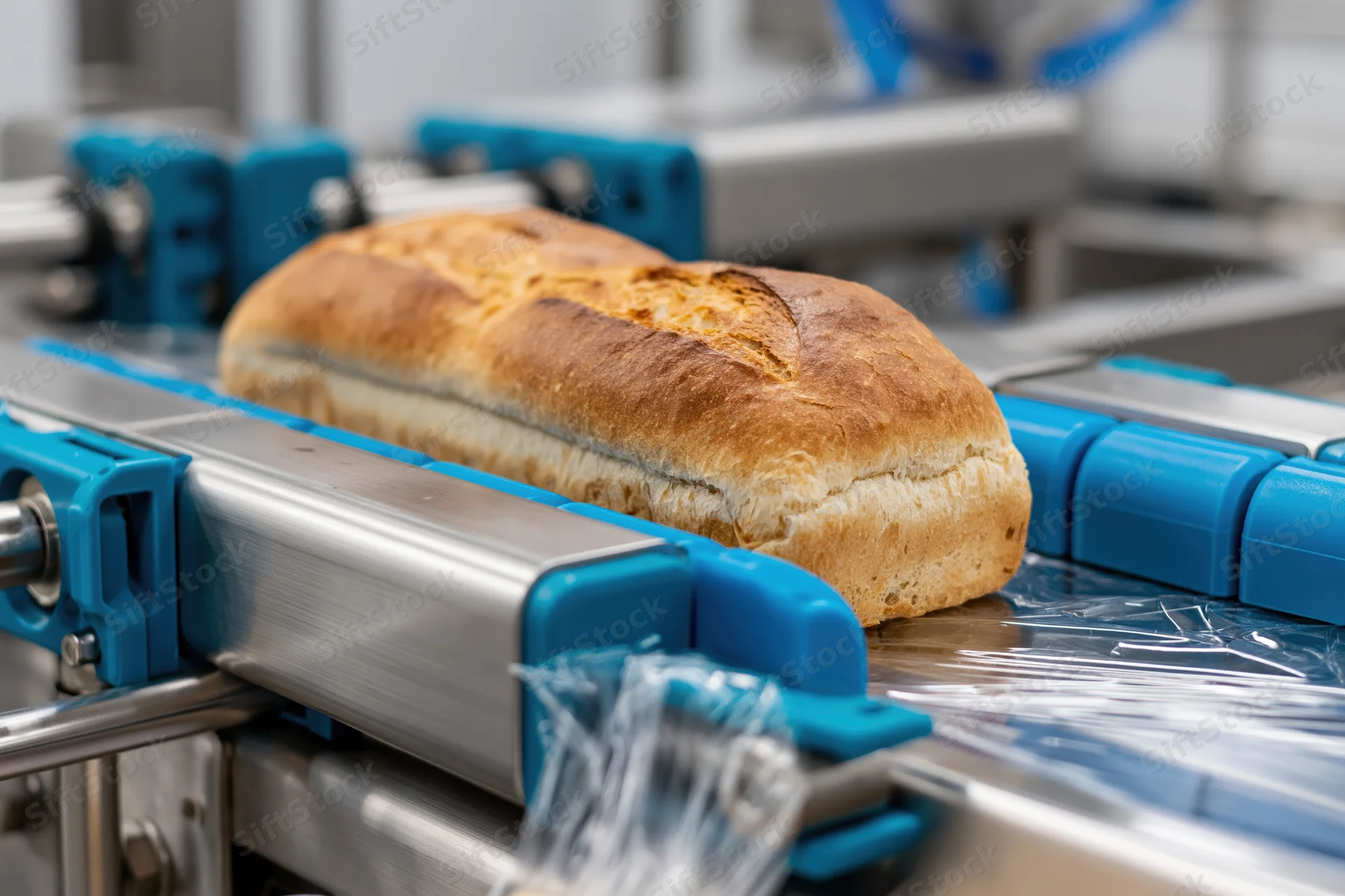 Loaf of bread moving along automated packaging conveyor in a factory