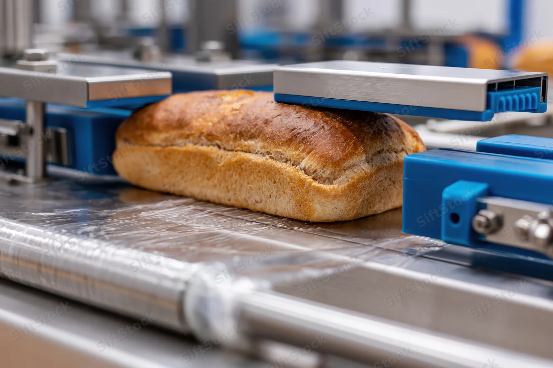 Loaf of bread moving through automated packaging machine on conveyor belt in bakery production line