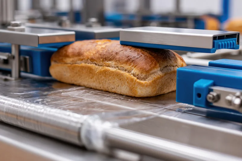 Loaf of bread moving through automated packaging machine on conveyor belt in bakery production line