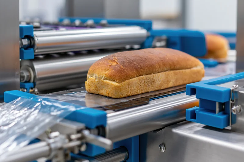 Loaf of bread moving along automated packaging conveyor in industrial bakery facility