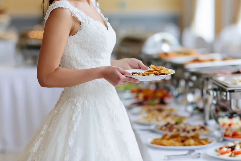 Bride in white lace gown holding a plate of appetizers at a wedding reception buffet