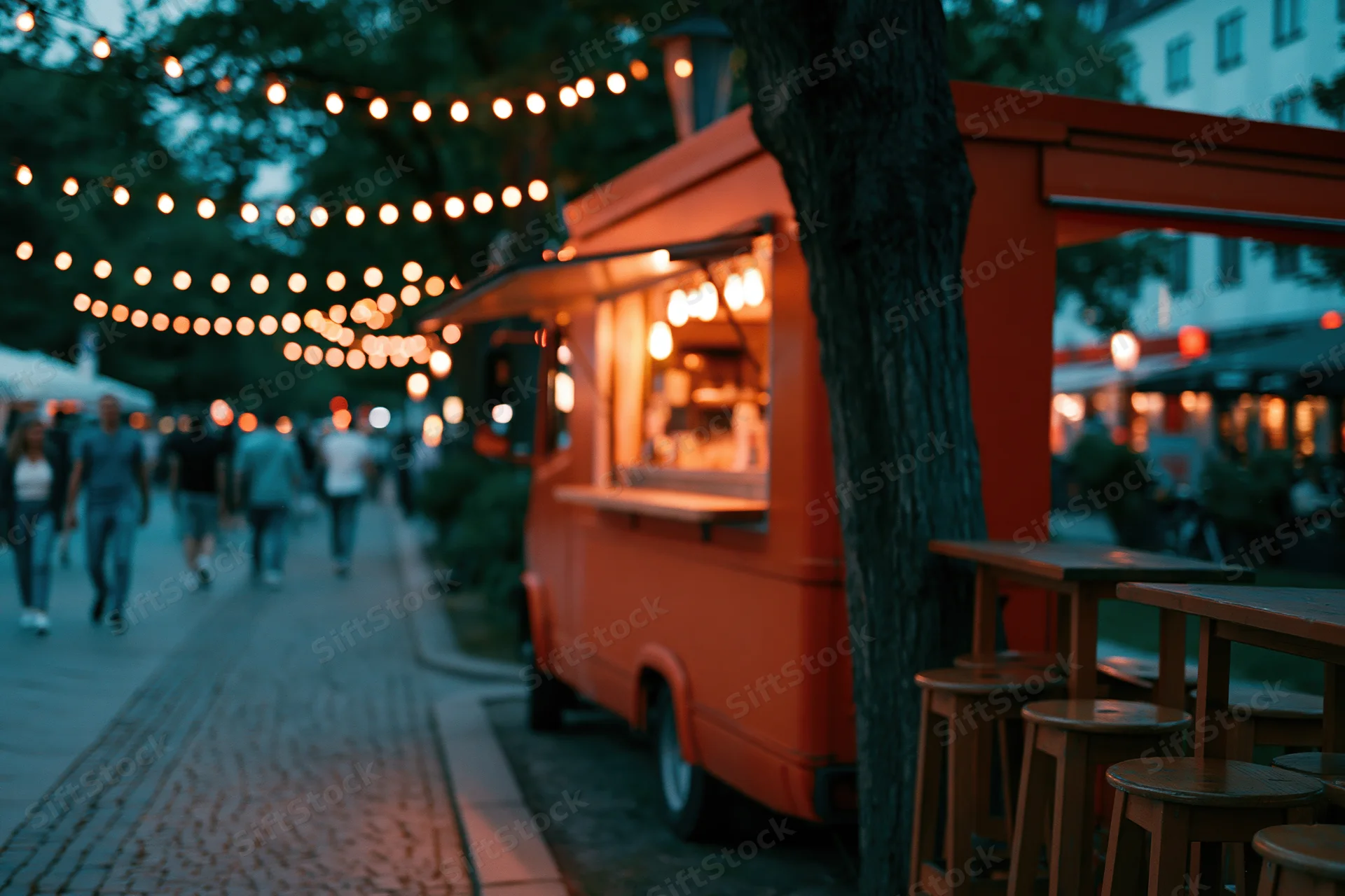 Bright orange food truck parked along cobblestone sidewalk with string lights and outdoor seating at evening
