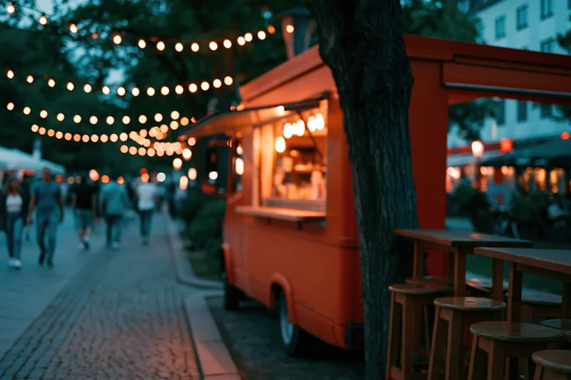 Bright orange food truck parked along cobblestone sidewalk with string lights and outdoor seating at evening