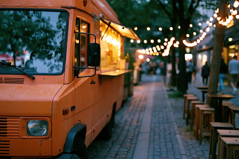 Bright orange food truck parked along cobblestone sidewalk with string lights and outdoor seating at evening