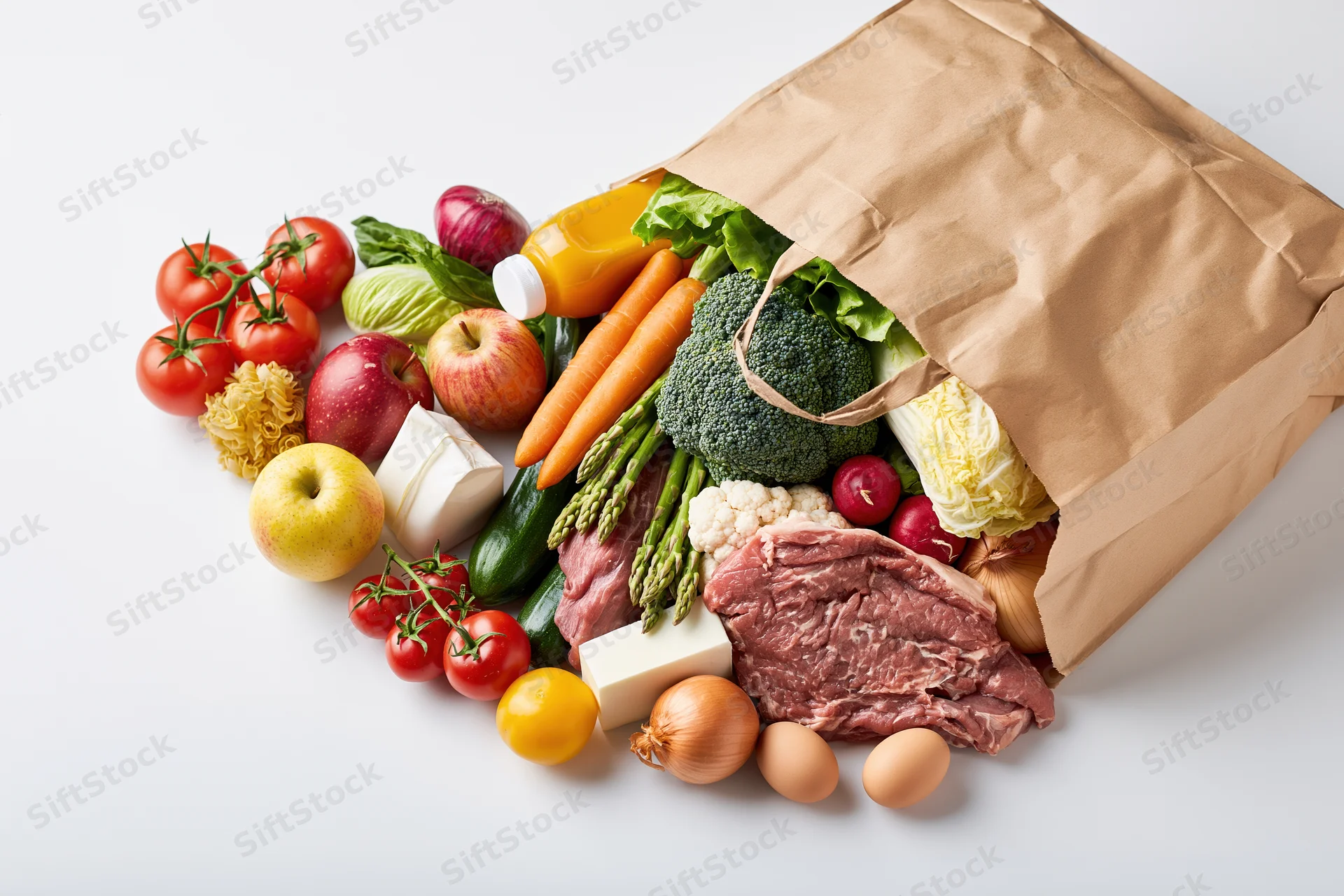 Brown paper grocery bag tipped over spilling fresh produce, meat, dairy and fruits on white surface