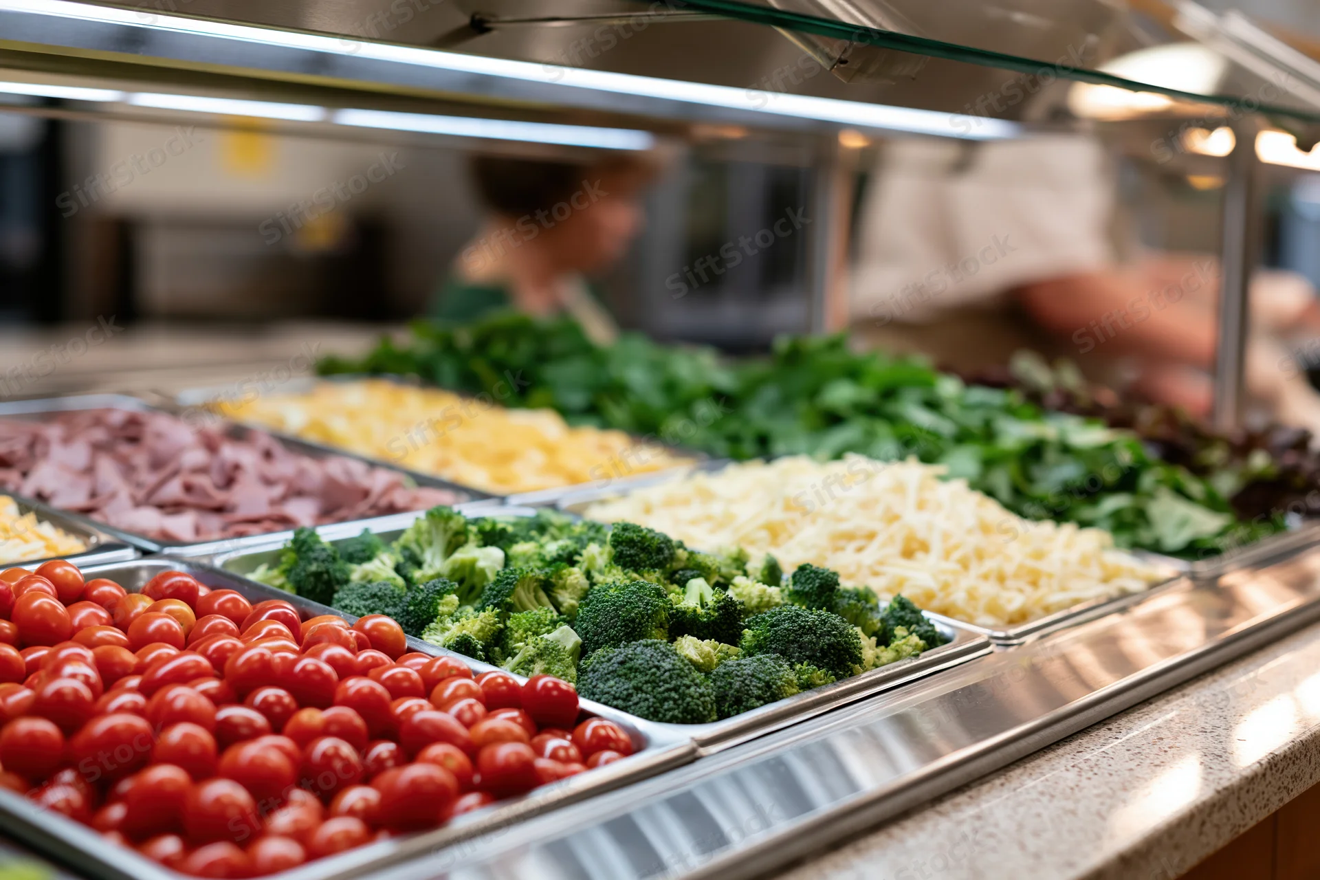 Stainless steel trays filled with fresh vegetables and cheese at a cafeteria salad bar