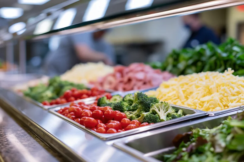 Stainless steel trays filled with fresh vegetables and cheese at a cafeteria salad bar