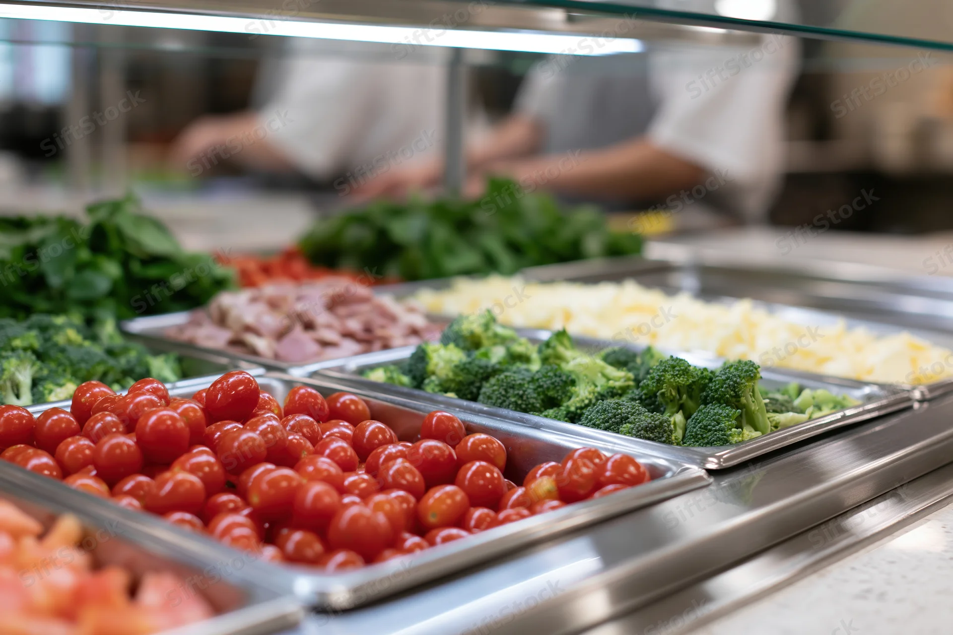 Stainless steel trays filled with fresh vegetables and cheese at a cafeteria salad bar