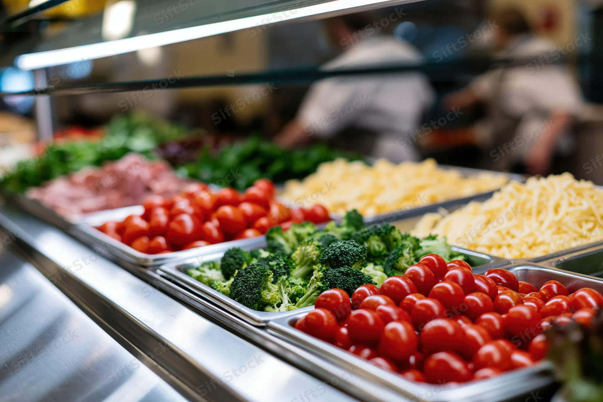 Stainless steel trays filled with broccoli, cherry tomatoes, shredded cheese, and ham at a cafeteria salad bar