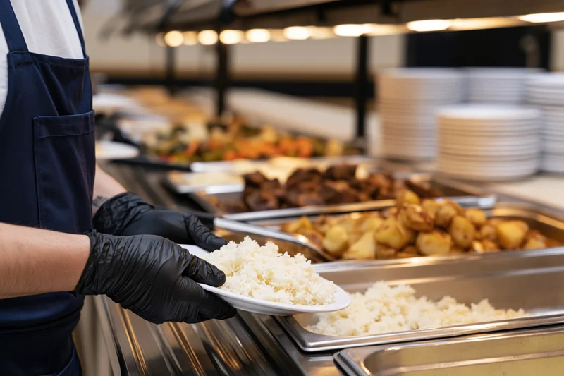 Cafeteria worker serving rice from a buffet tray in a commercial kitchen