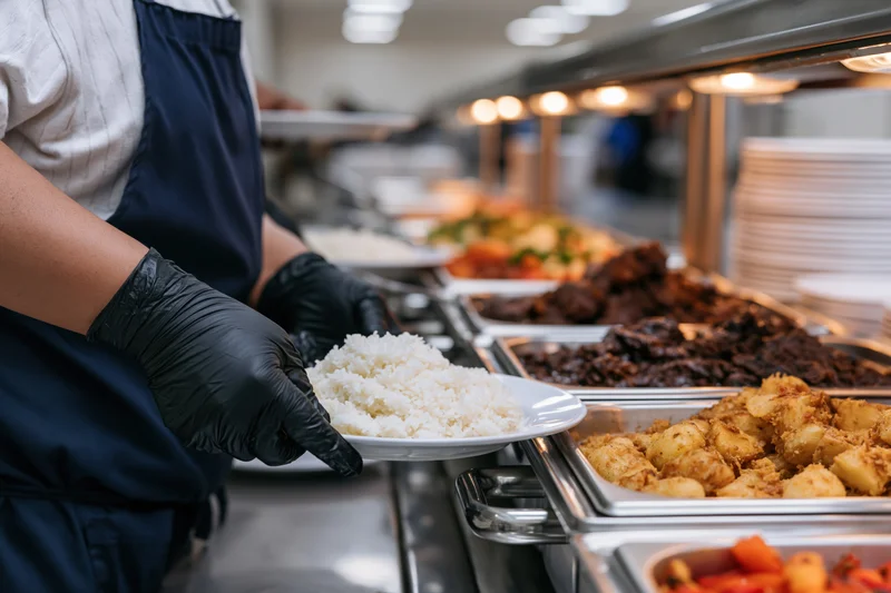 Cafeteria worker serving rice on a plate at a buffet line