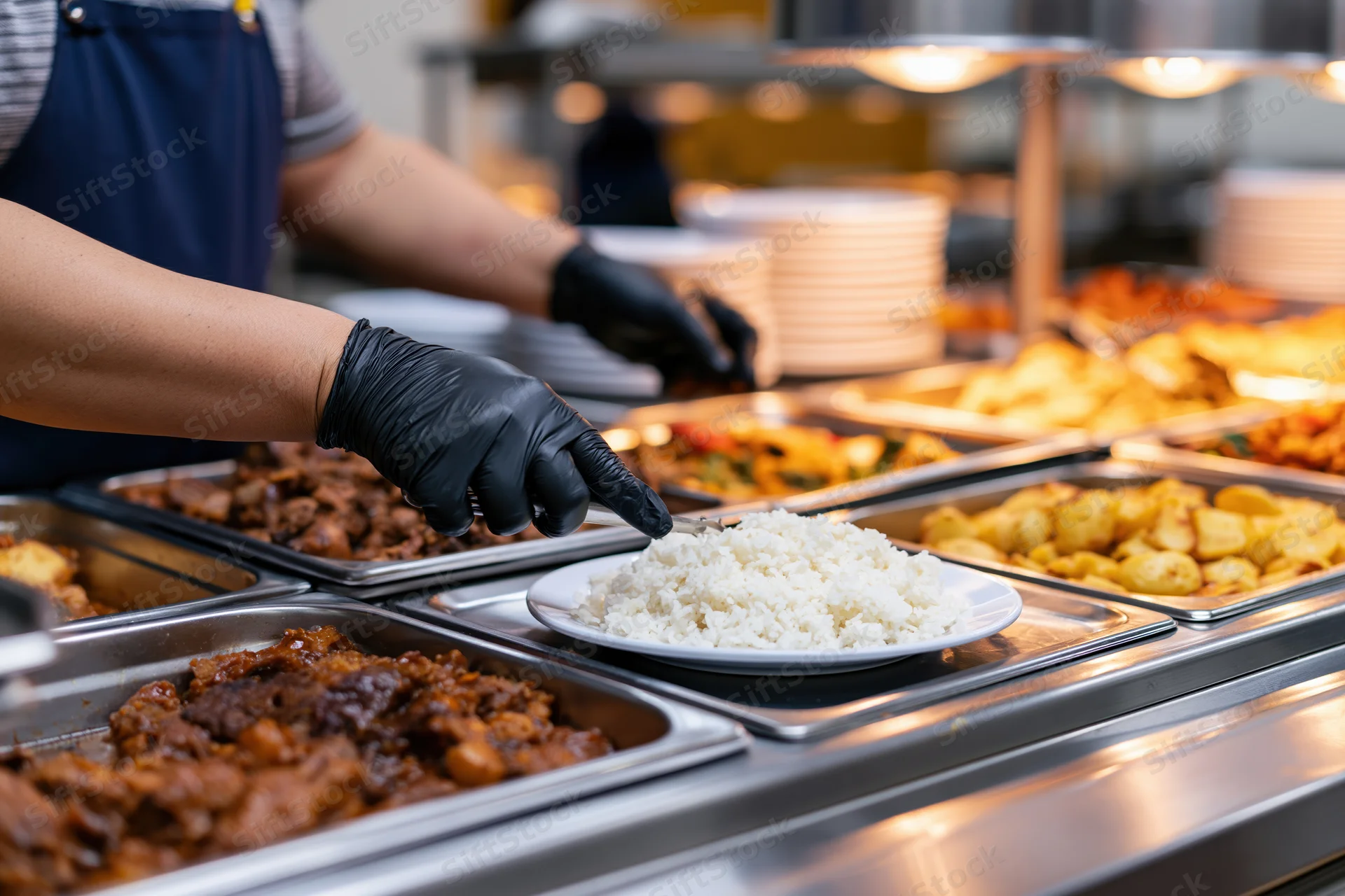 Cafeteria worker serving food from a buffet tray in a commercial kitchen