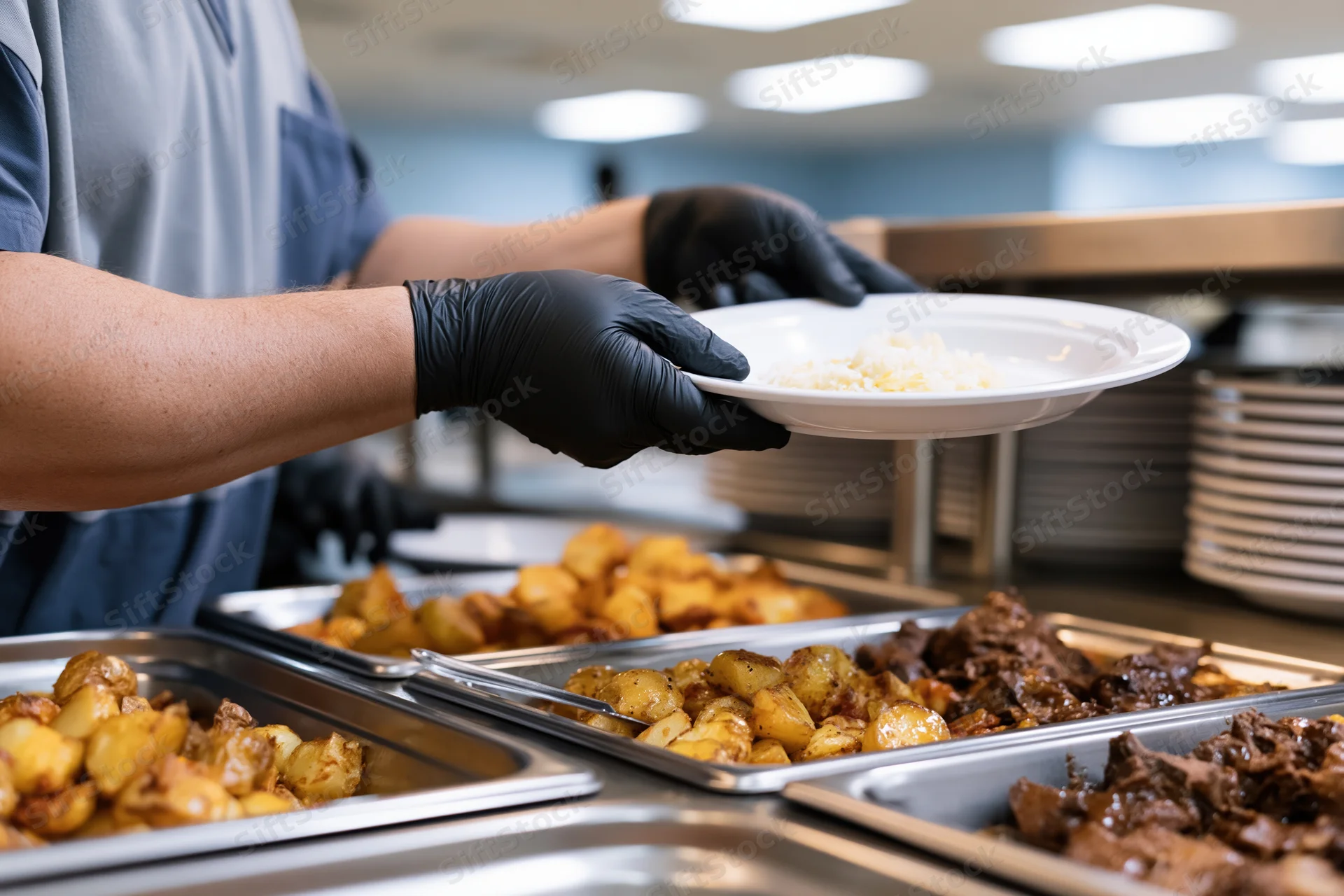 Cafeteria worker serving food from a buffet line with black nitrile gloves