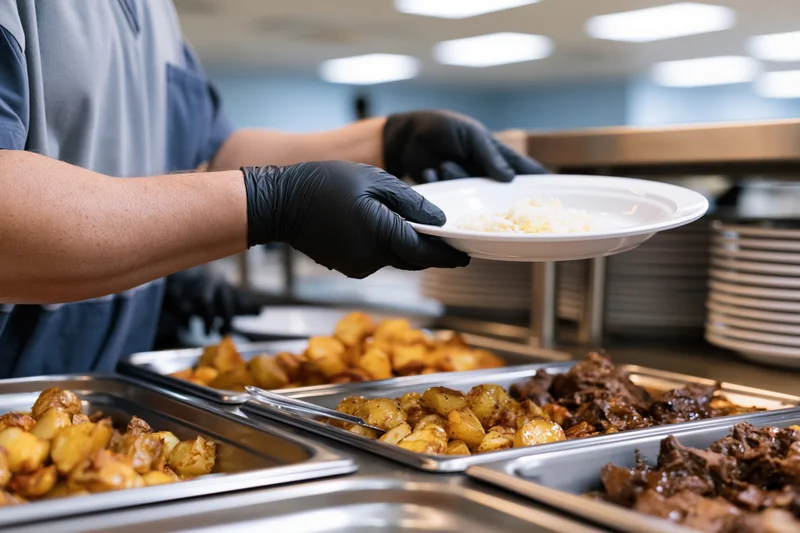 Cafeteria worker serving food from a buffet line with black nitrile gloves