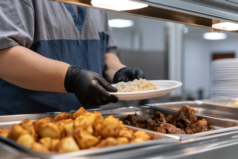Cafeteria worker serving rice on a plate at a buffet line