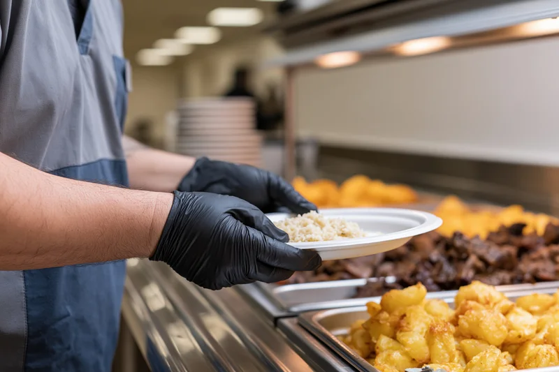 Cafeteria worker serving rice on a plate at a buffet line