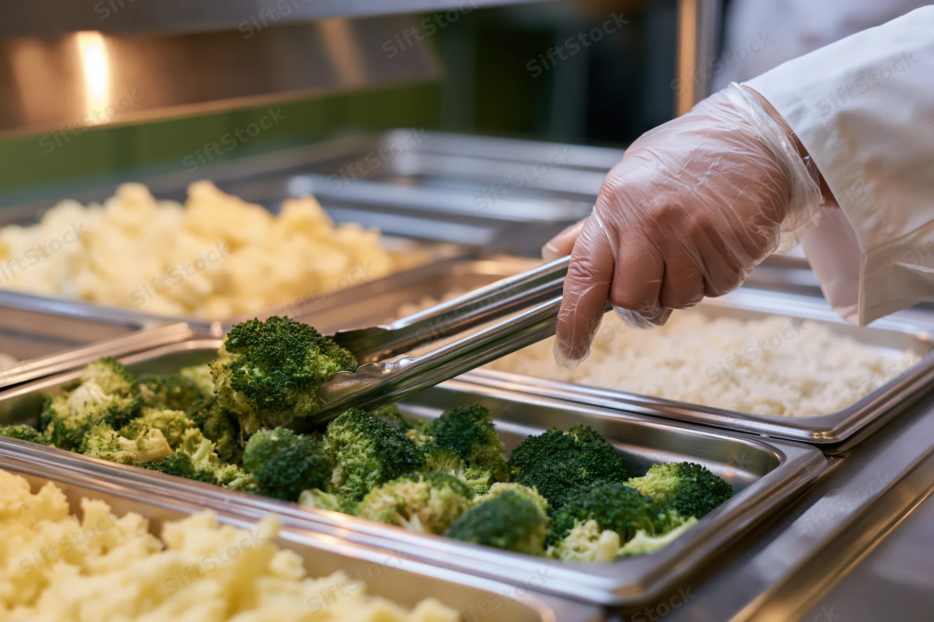 Gloved hand using metal tongs to serve broccoli from a stainless steel tray in a cafeteria