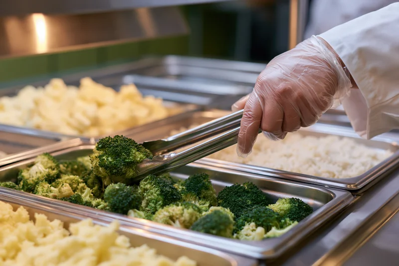Gloved hand using metal tongs to serve broccoli from a stainless steel tray in a cafeteria
