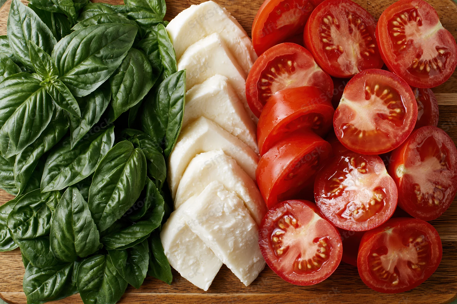 Sliced tomatoes, fresh basil leaves and mozzarella cheese arranged in parallel rows on a wooden cutting board