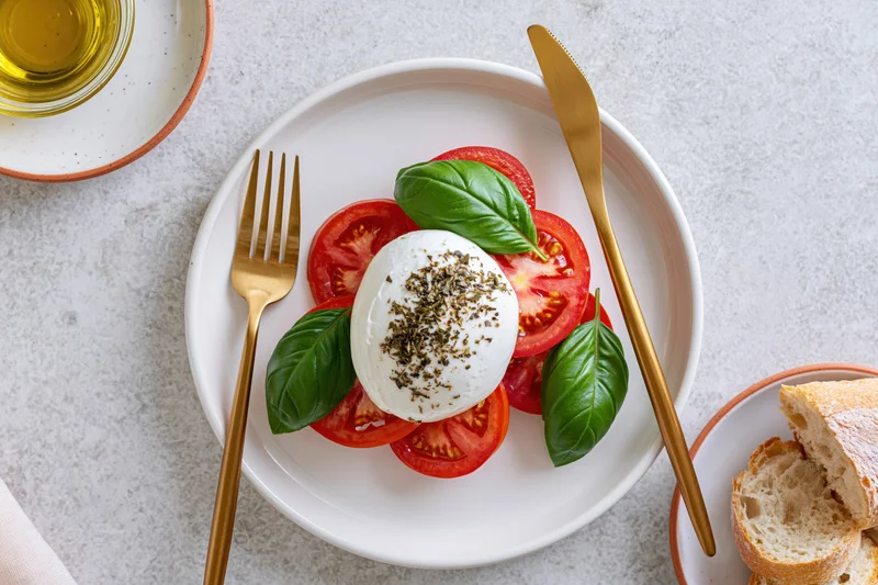 Caprese salad with mozzarella, tomatoes and basil on a white ceramic plate viewed from above with gold cutlery and bread on the side